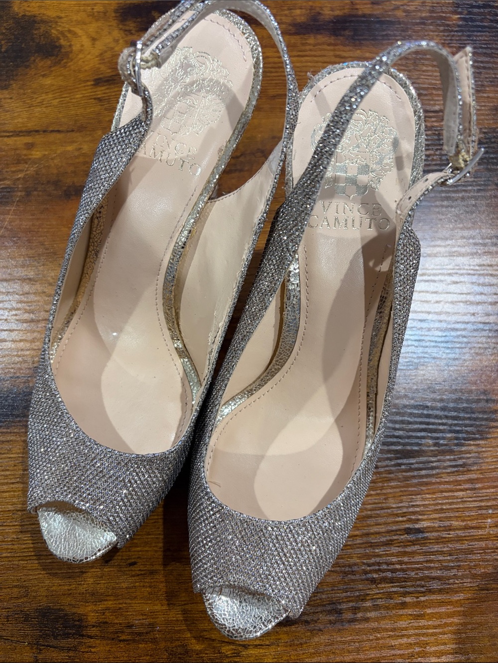 Vince Camuto Silver Glitter Slingback Peep-Toe Heels
